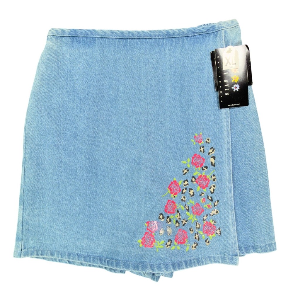 Amy Byer Vintage Y2K Skort Girls XL Blue Cotton Denim NWT Rose Leopard Print